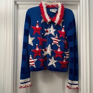 Unique Christmas button up sweater blue/red/white. Size Medium. Patriotic 🇺🇸